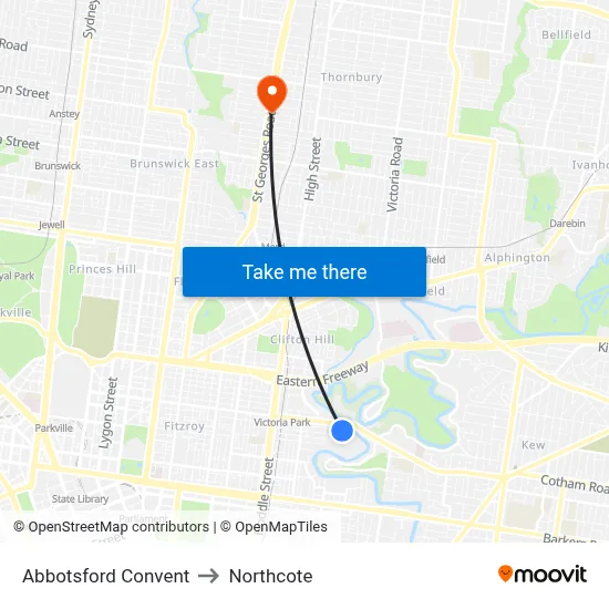 Abbotsford Convent to Northcote map