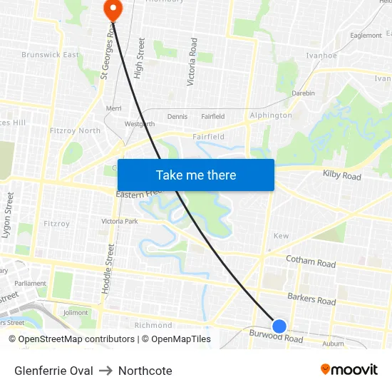 Glenferrie Oval to Northcote map