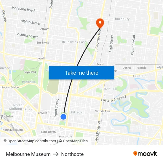 Melbourne Museum to Northcote map