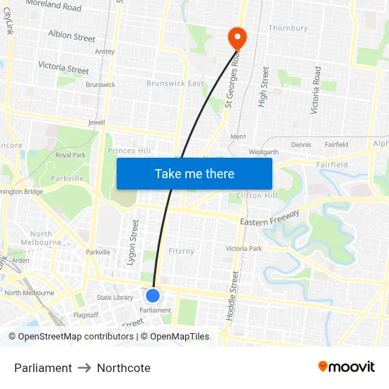 Parliament to Northcote map