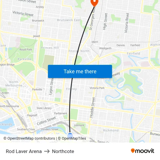 Rod Laver Arena to Northcote map