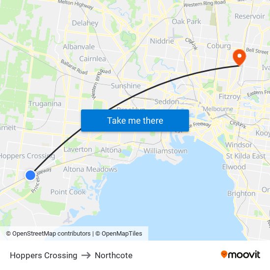 Hoppers Crossing to Northcote map