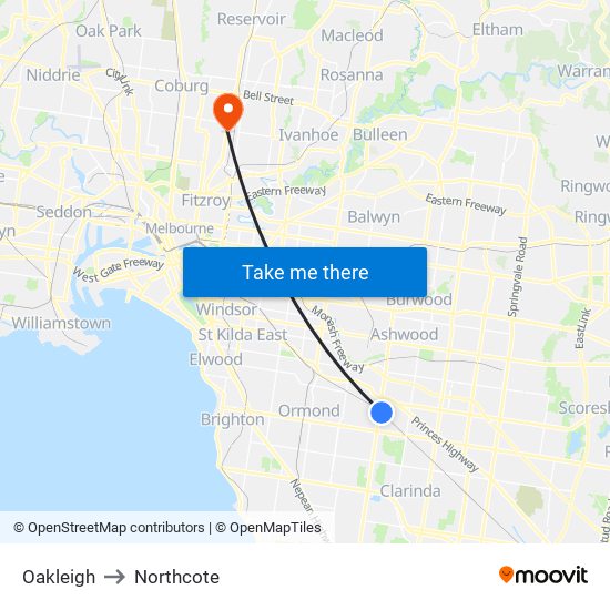 Oakleigh to Northcote map