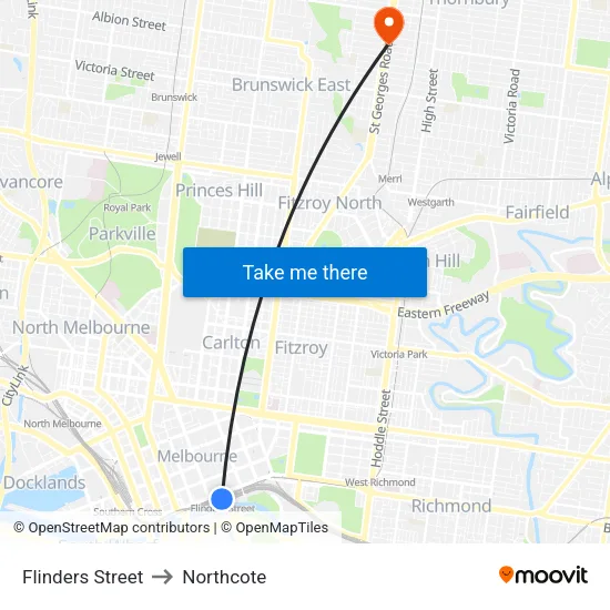 Flinders Street to Northcote map