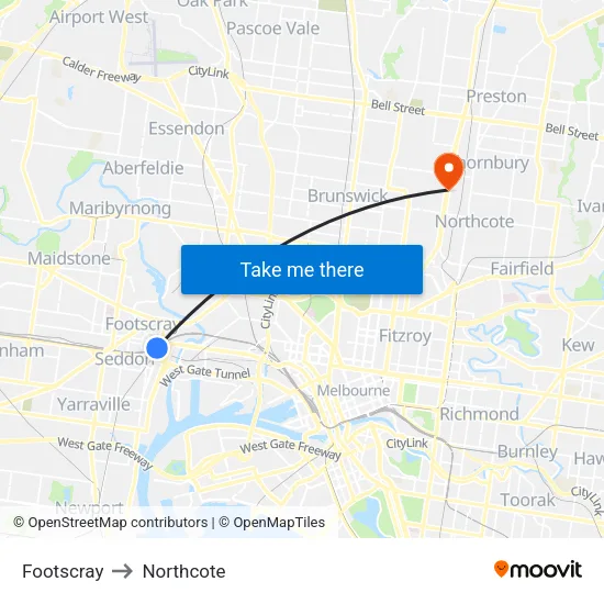 Footscray to Northcote map