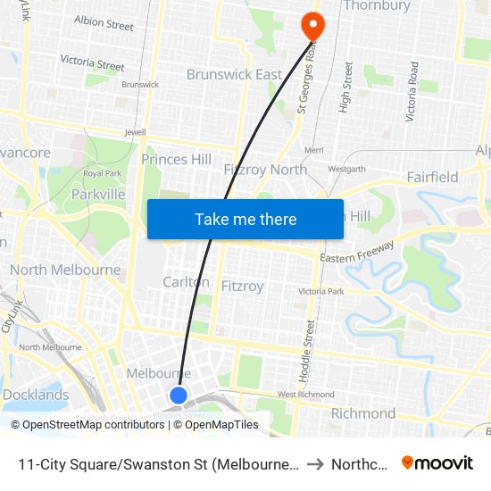 11-City Square/Swanston St (Melbourne City) to Northcote map