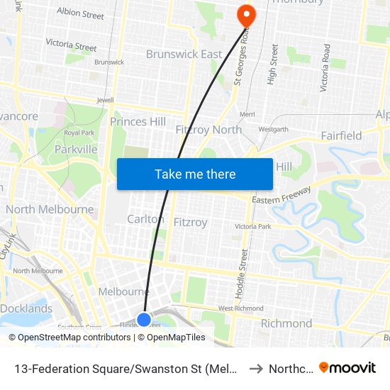 13-Federation Square/Swanston St (Melbourne City) to Northcote map