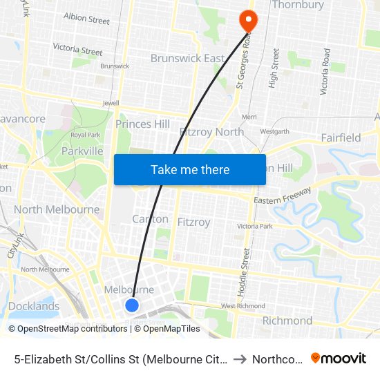 5-Elizabeth St/Collins St (Melbourne City) to Northcote map