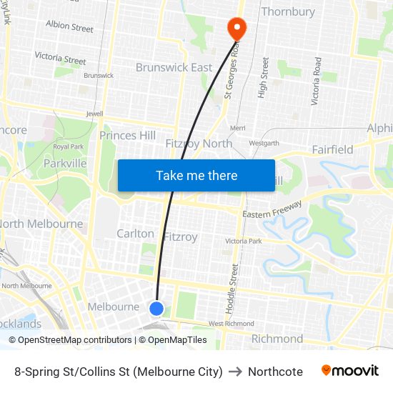8-Spring St/Collins St (Melbourne City) to Northcote map