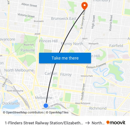 1-Flinders Street Railway Station/Elizabeth St (Melbourne City) to Northcote map