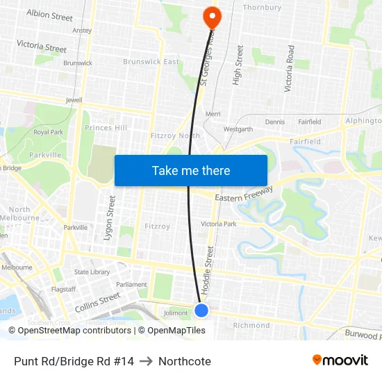 Punt Rd/Bridge Rd #14 to Northcote map
