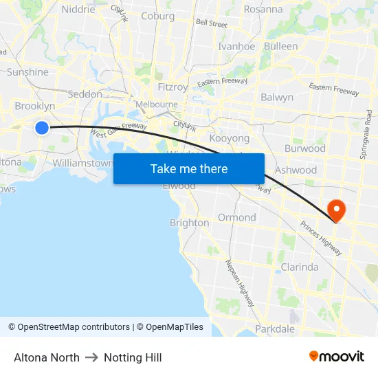 Altona North to Notting Hill map