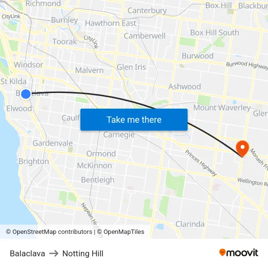 Balaclava to Notting Hill map