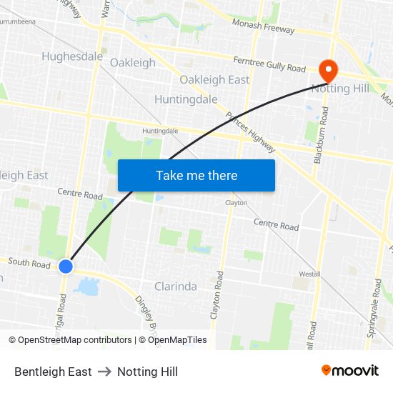 Bentleigh East to Notting Hill map