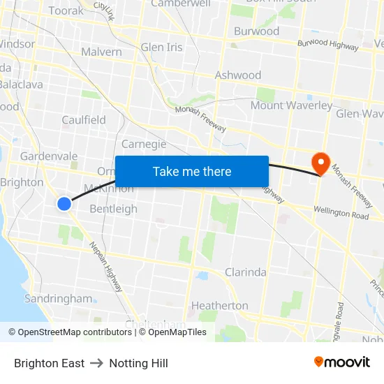 Brighton East to Notting Hill map