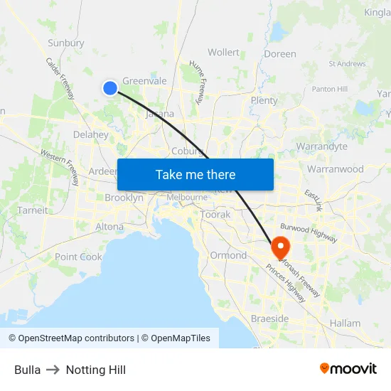 Bulla to Notting Hill map