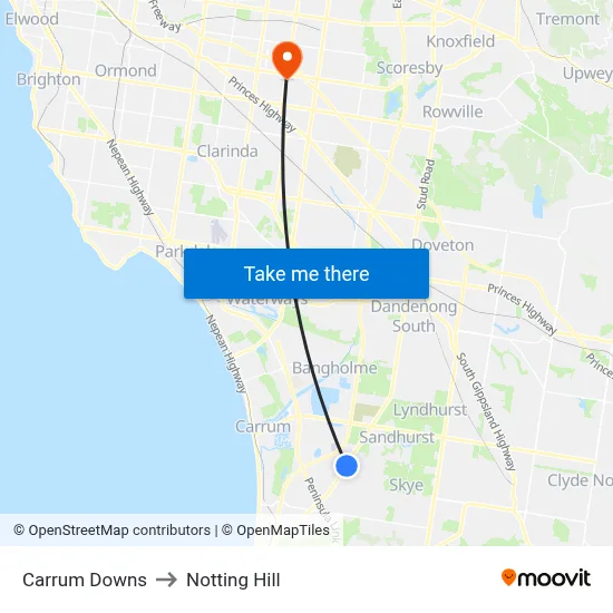 Carrum Downs to Notting Hill map