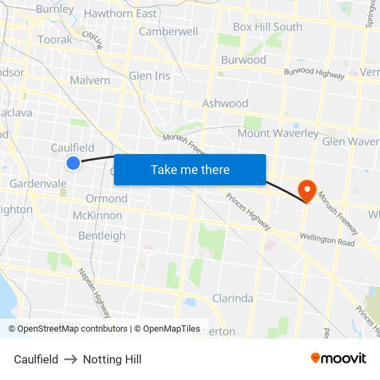 Caulfield to Notting Hill map