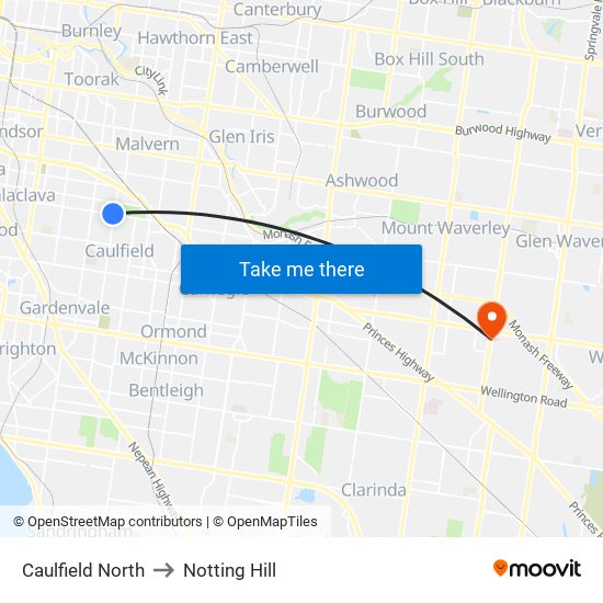 Caulfield North to Notting Hill map