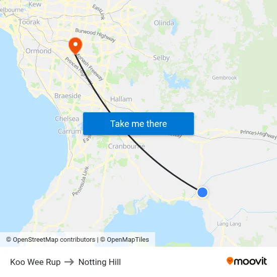 Koo Wee Rup to Notting Hill map