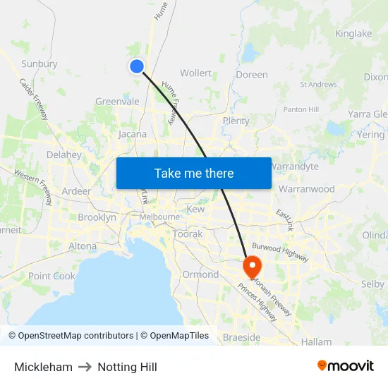 Mickleham to Notting Hill map