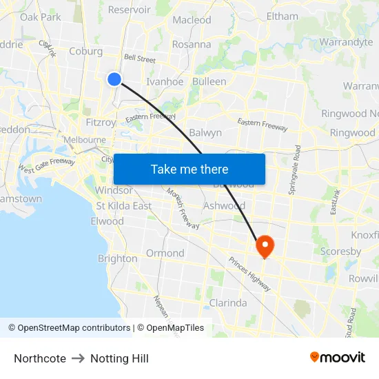 Northcote to Notting Hill map