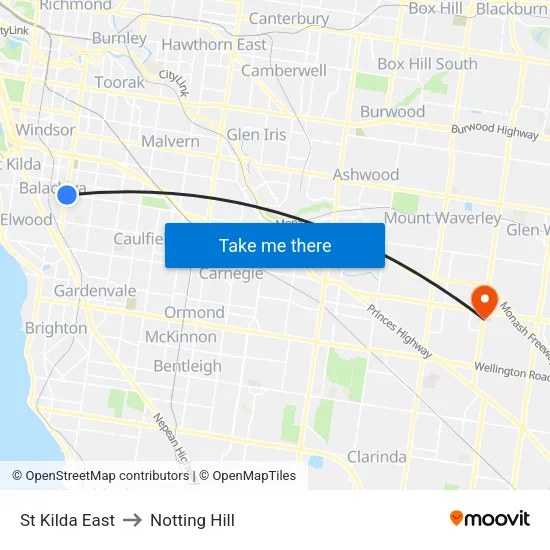 St Kilda East to Notting Hill map
