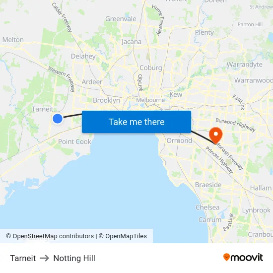 Tarneit to Notting Hill map