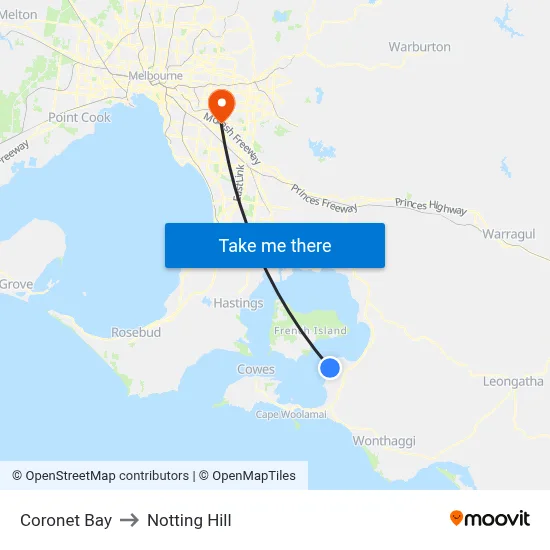 Coronet Bay to Notting Hill map