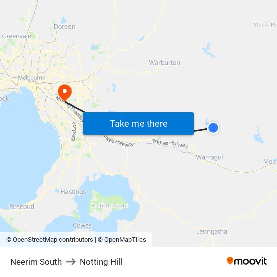 Neerim South to Notting Hill map