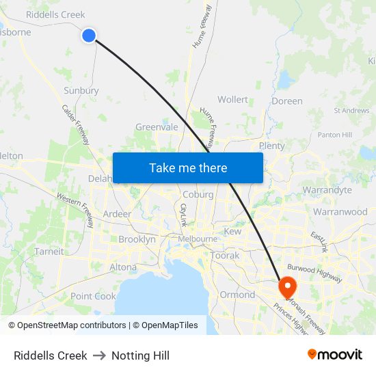 Riddells Creek to Notting Hill map