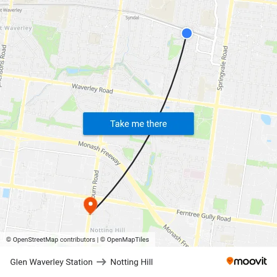 Glen Waverley Station to Notting Hill map