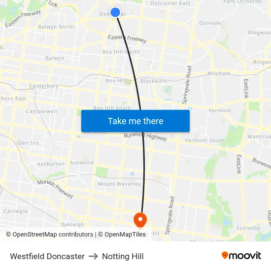 Westfield Doncaster to Notting Hill map
