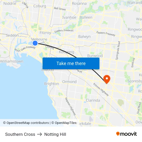 Southern Cross to Notting Hill map
