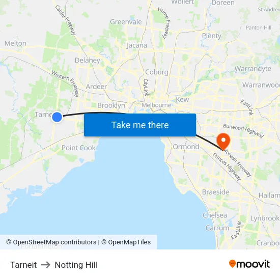 Tarneit to Notting Hill map