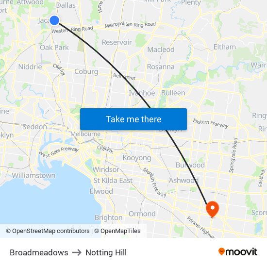 Broadmeadows to Notting Hill map