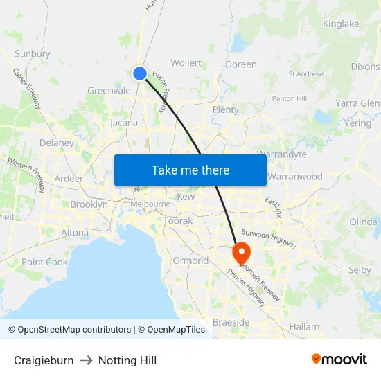 Craigieburn to Notting Hill map