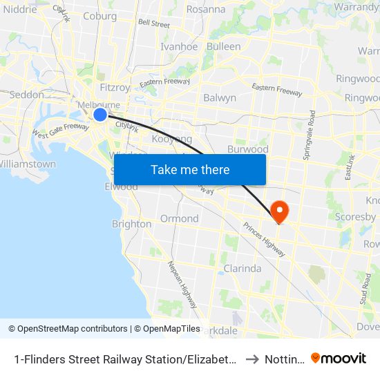 1-Flinders Street Railway Station/Elizabeth St (Melbourne City) to Notting Hill map