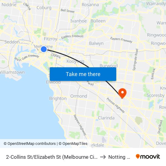 2-Collins St/Elizabeth St (Melbourne City) to Notting Hill map