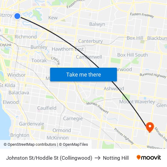 Johnston St/Hoddle St (Collingwood) to Notting Hill map