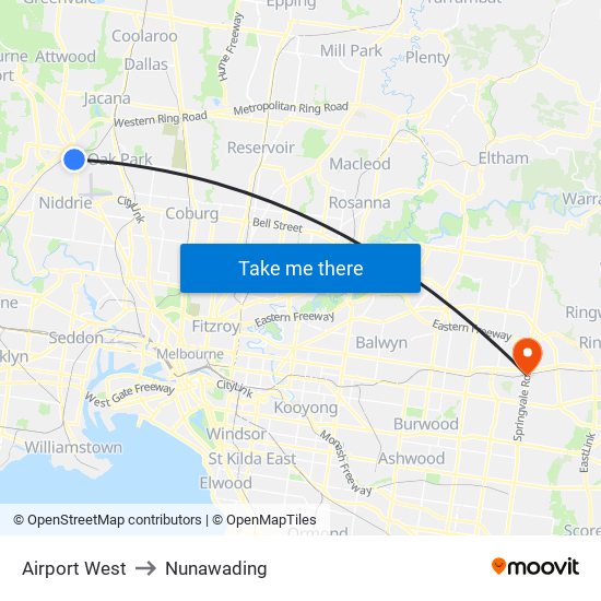 Airport West to Nunawading map