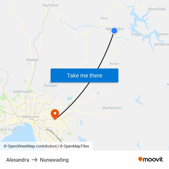 Alexandra to Nunawading map