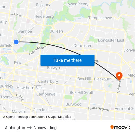 Alphington to Nunawading map