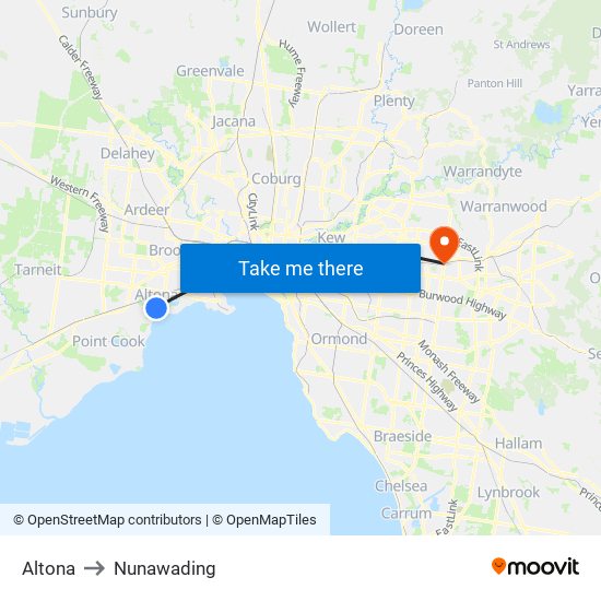 Altona to Nunawading map