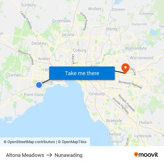 Altona Meadows to Nunawading map