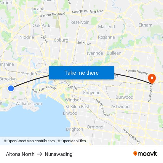 Altona North to Nunawading map