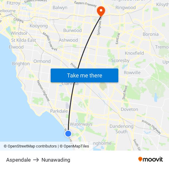 Aspendale to Nunawading map