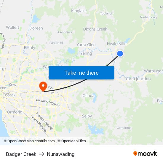 Badger Creek to Nunawading map