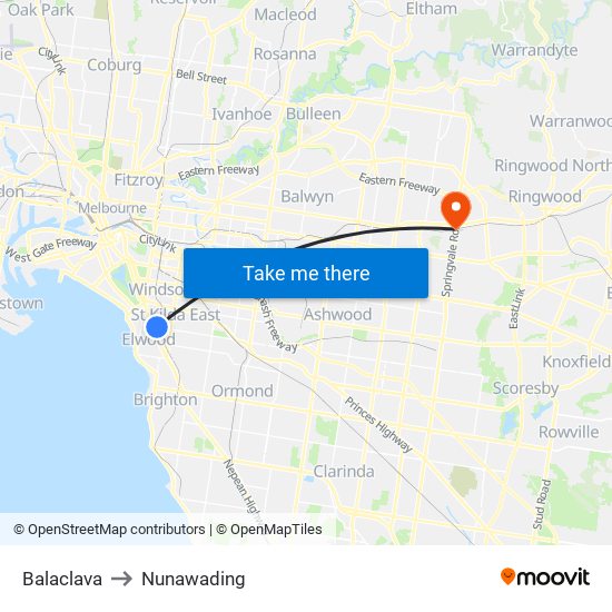 Balaclava to Nunawading map