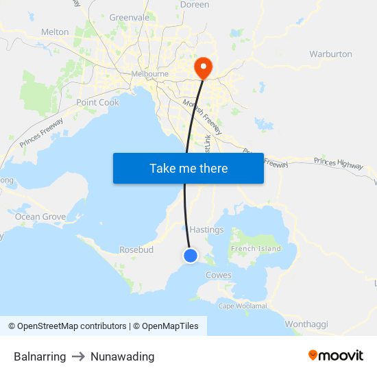 Balnarring to Nunawading map